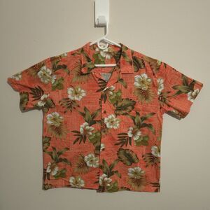 Palmwave Men 2XL Hawaiian Shirt Orange Floral Hibiscus 100% Cotton Aloha Button